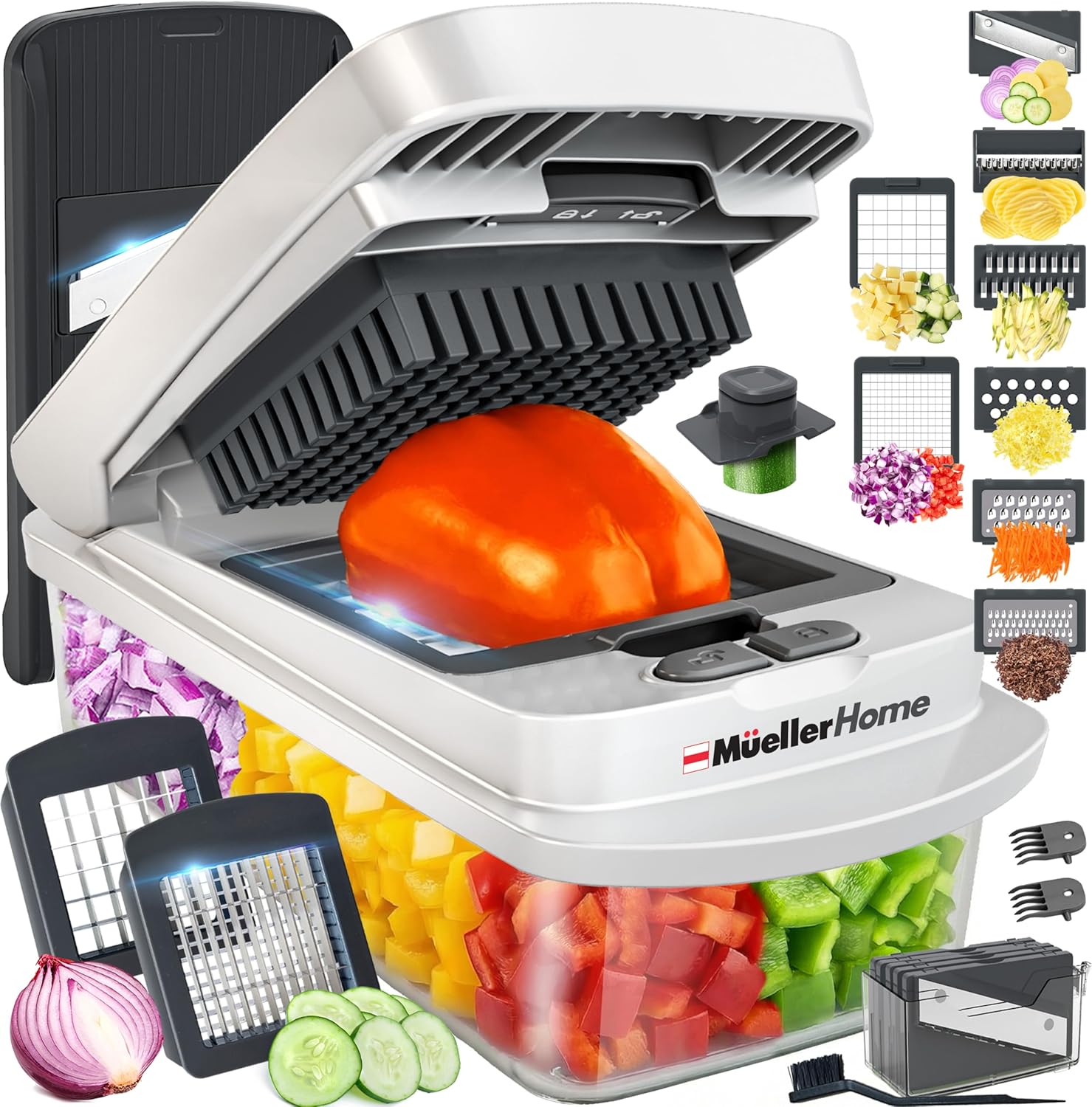 Mueller Original Pro Vegetable Chopper 10-in-1 with 8 Blades – Mandoline Slicer, Onion Chopper & Food Container