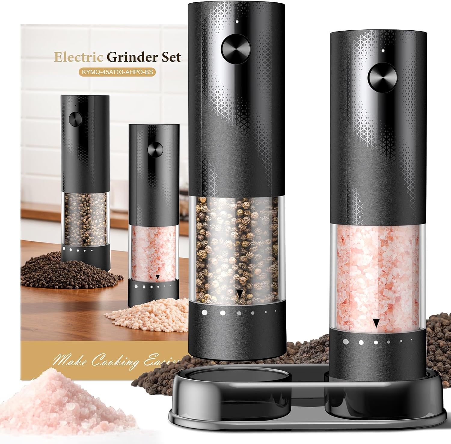 Rechargeable Electric Salt and Pepper Grinder Set (2 Pack) – Automatic Spice Mill with Adjustable Coarseness & LED Light