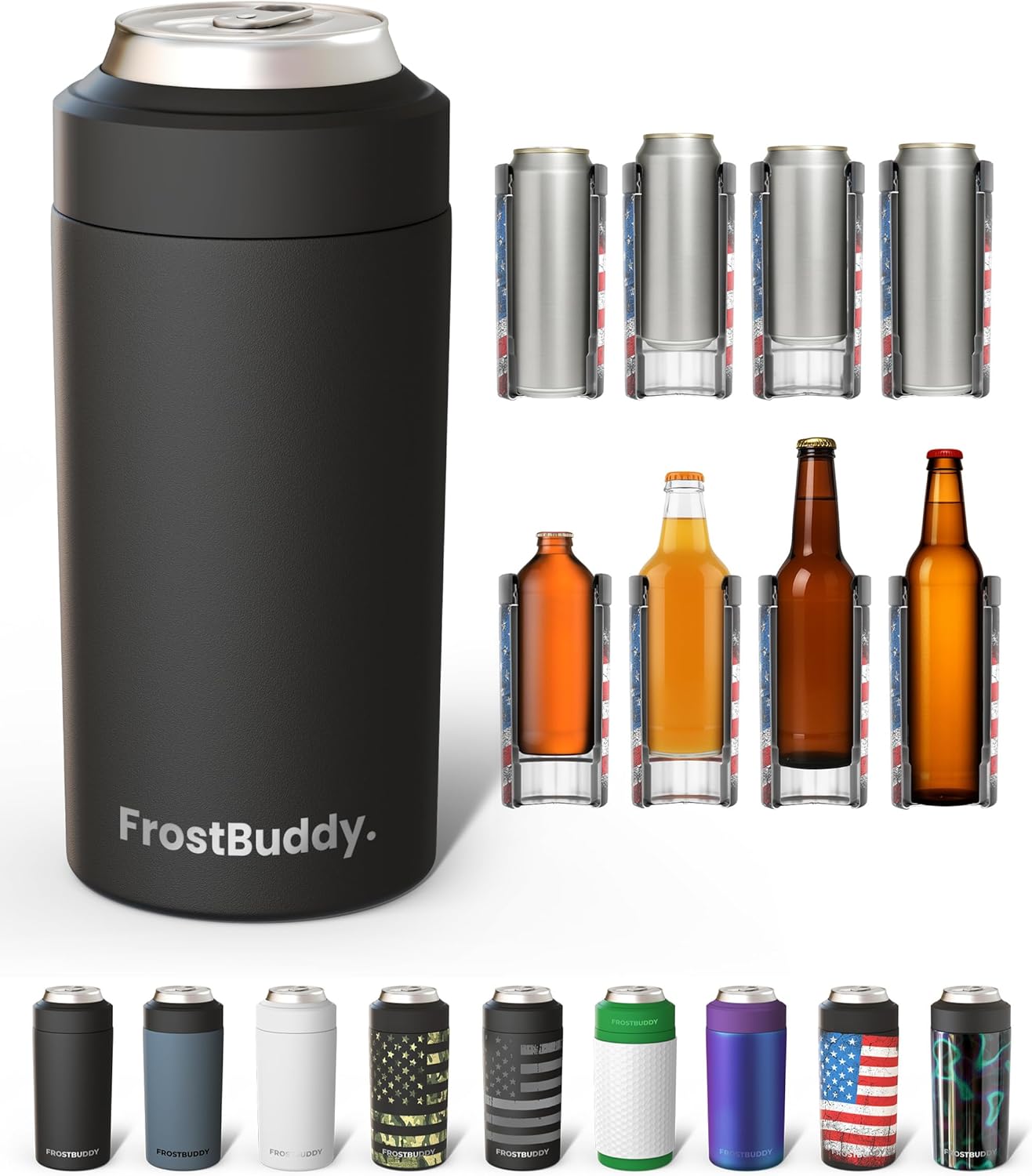 Frost Buddy Universal Can Cooler – Insulated Stainless Steel Cooler for 12 oz, 16 oz & Slim Cans and Bottles