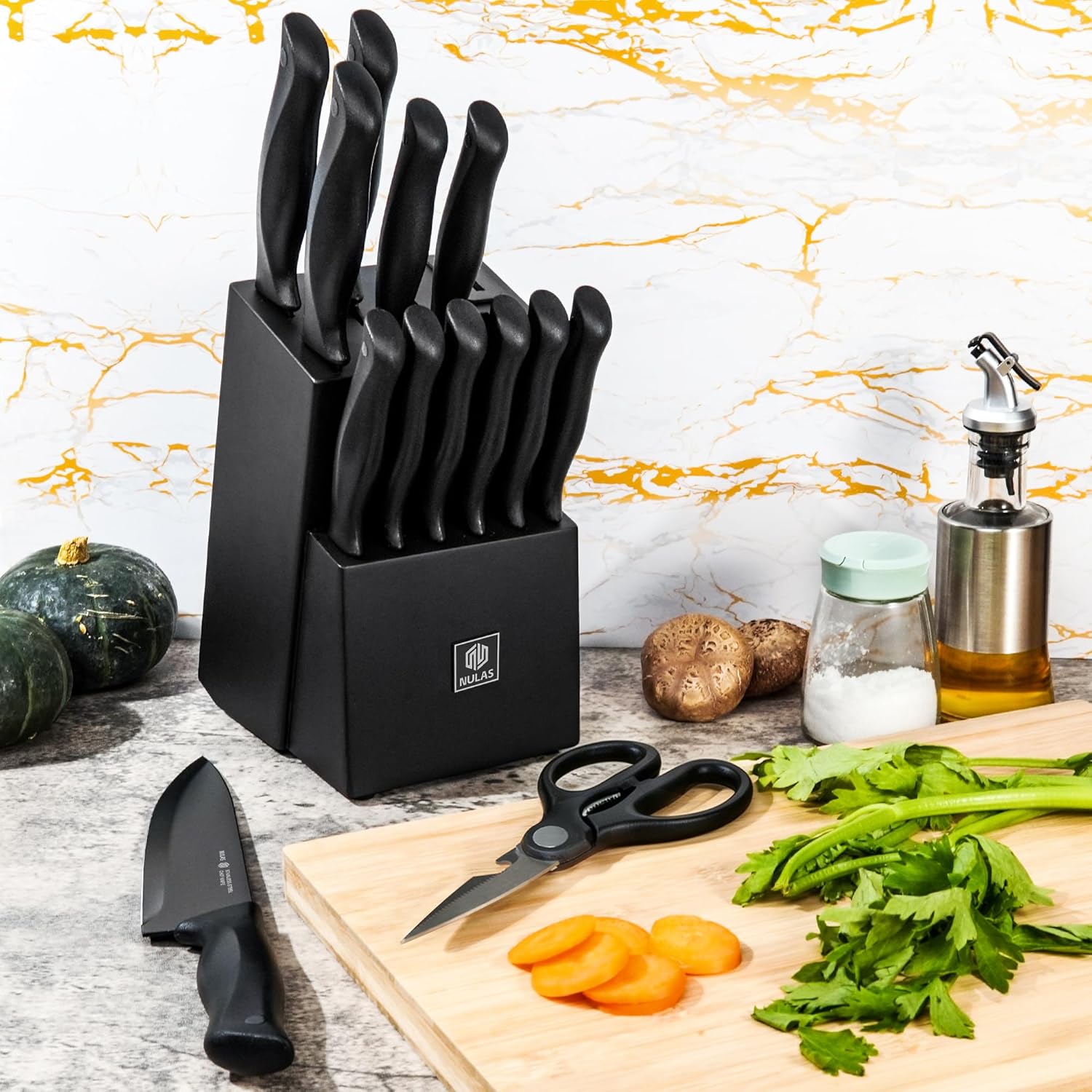 15-Piece Kitchen Knife Block Set with Built-in Sharpener | Non-Stick Blades, Ergonomic & Dishwasher Safe